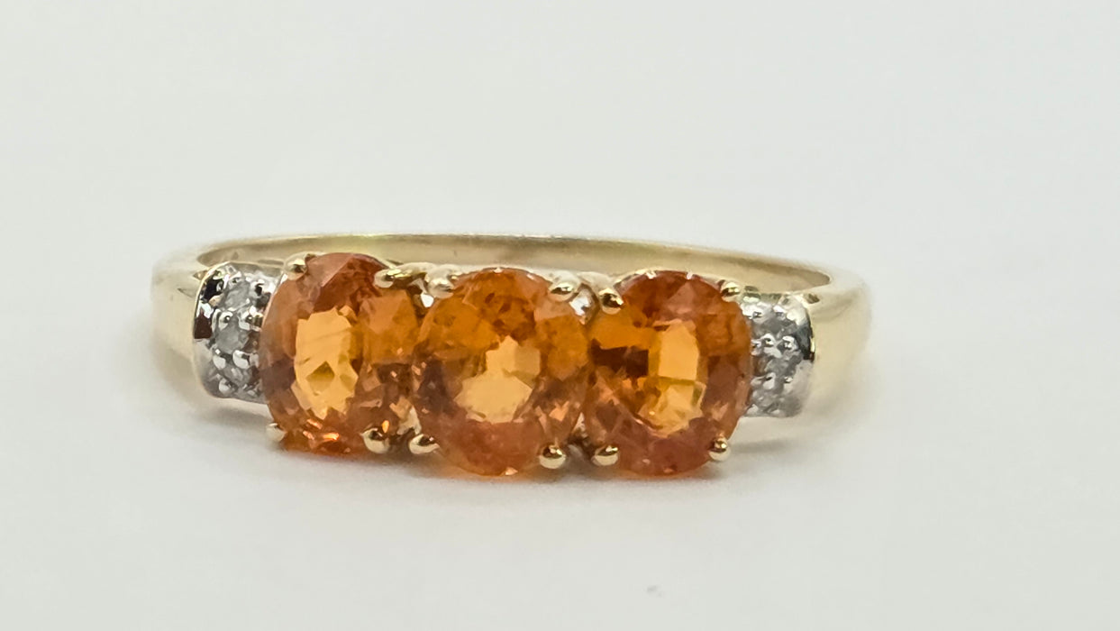Vintage: 9ct Yellow Gold Orange Citrine & Diamond Trilogy Ring