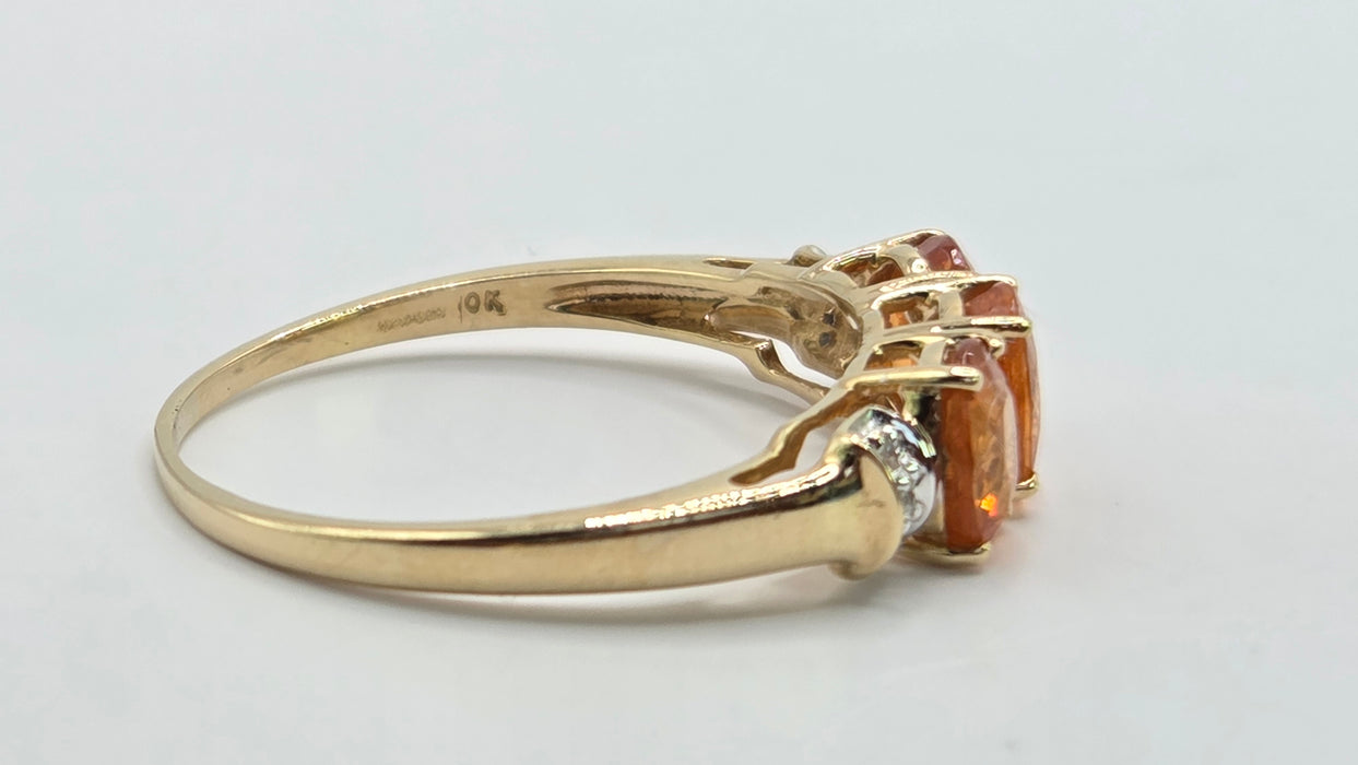 Vintage: 9ct Yellow Gold Orange Citrine & Diamond Trilogy Ring