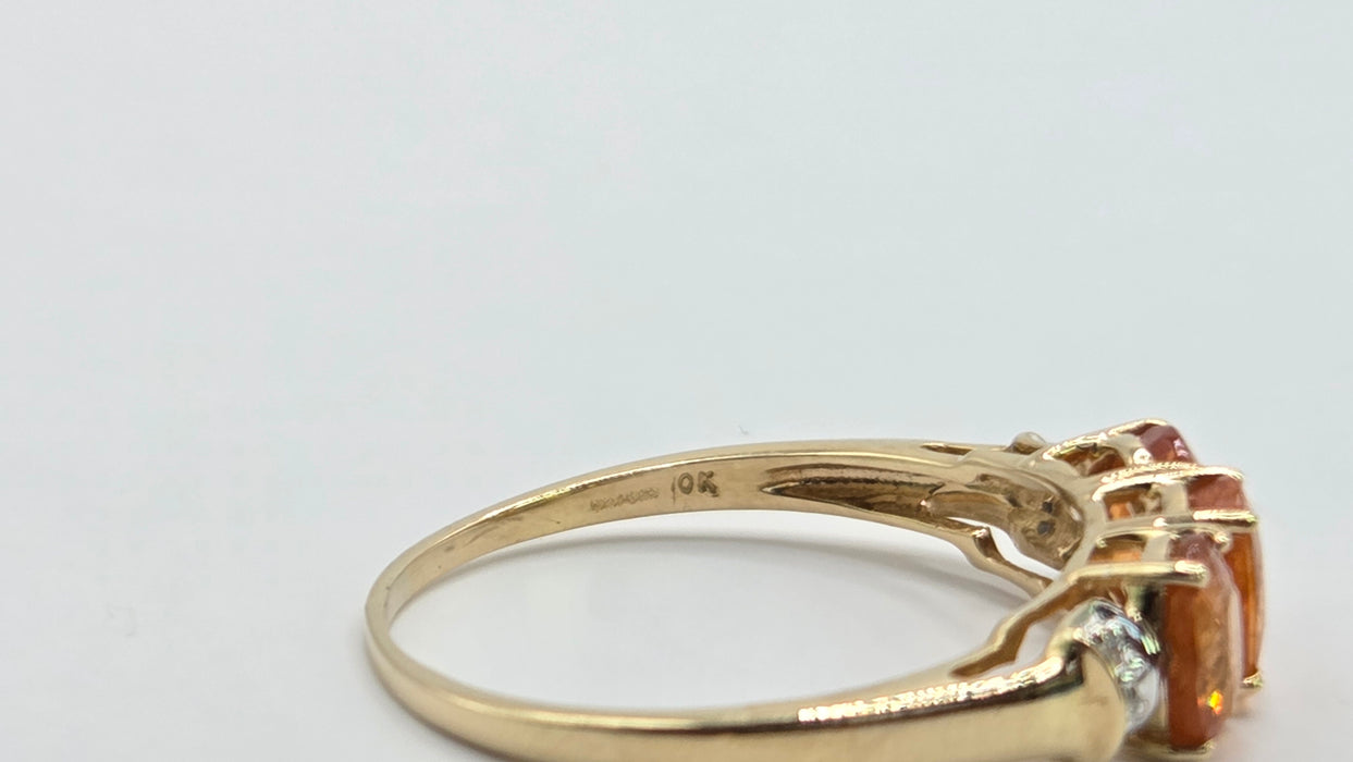 Vintage: 9ct Yellow Gold Orange Citrine & Diamond Trilogy Ring