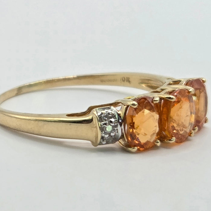 Vintage: 9ct Yellow Gold Orange Citrine & Diamond Trilogy Ring