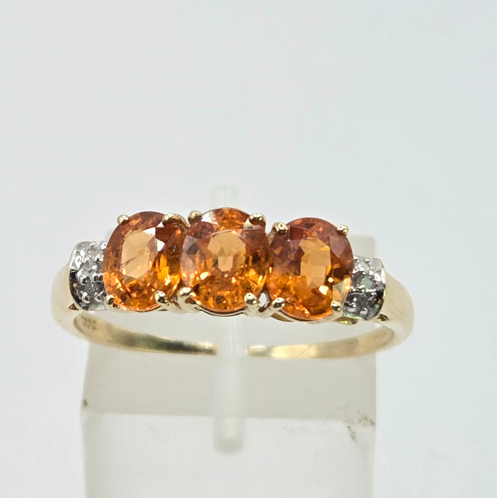 Vintage: 9ct Yellow Gold Orange Citrine & Diamond Trilogy Ring