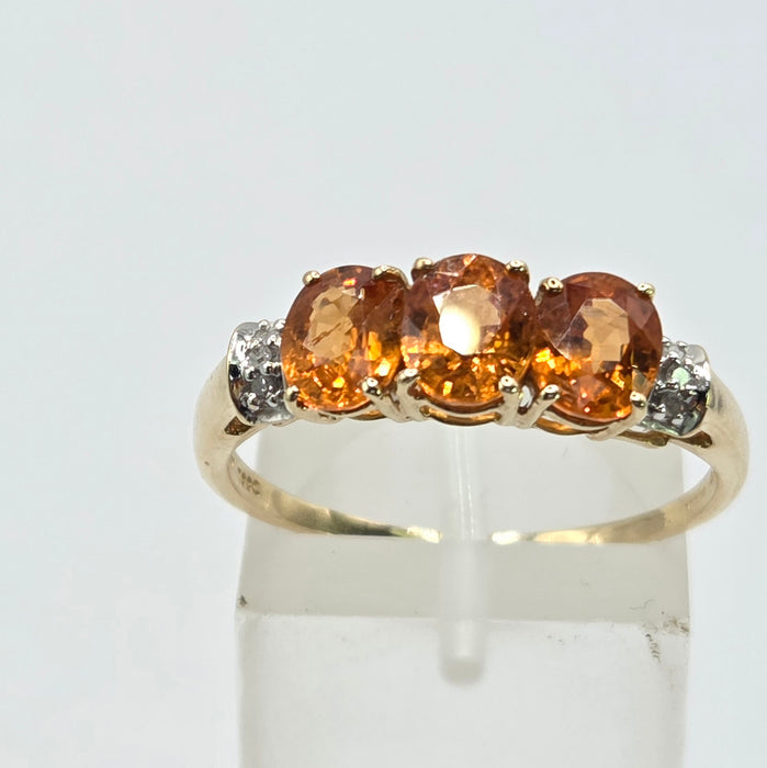 Vintage: 9ct Yellow Gold Orange Citrine & Diamond Trilogy Ring