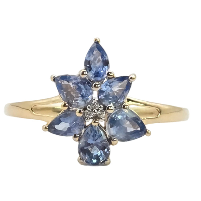Vintage: 9ct Yellow Gold Blue & White Spinel Floral Dress Ring
