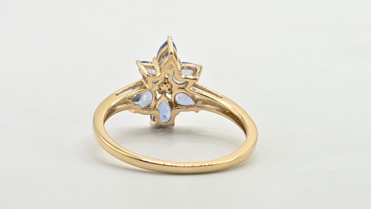 Vintage: 9ct Yellow Gold Blue & White Spinel Floral Dress Ring