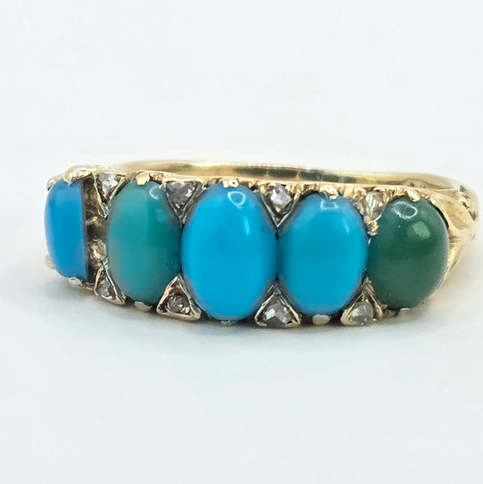 Antique: 18ct Gold Turquoise & Diamond Five-Stone Ring