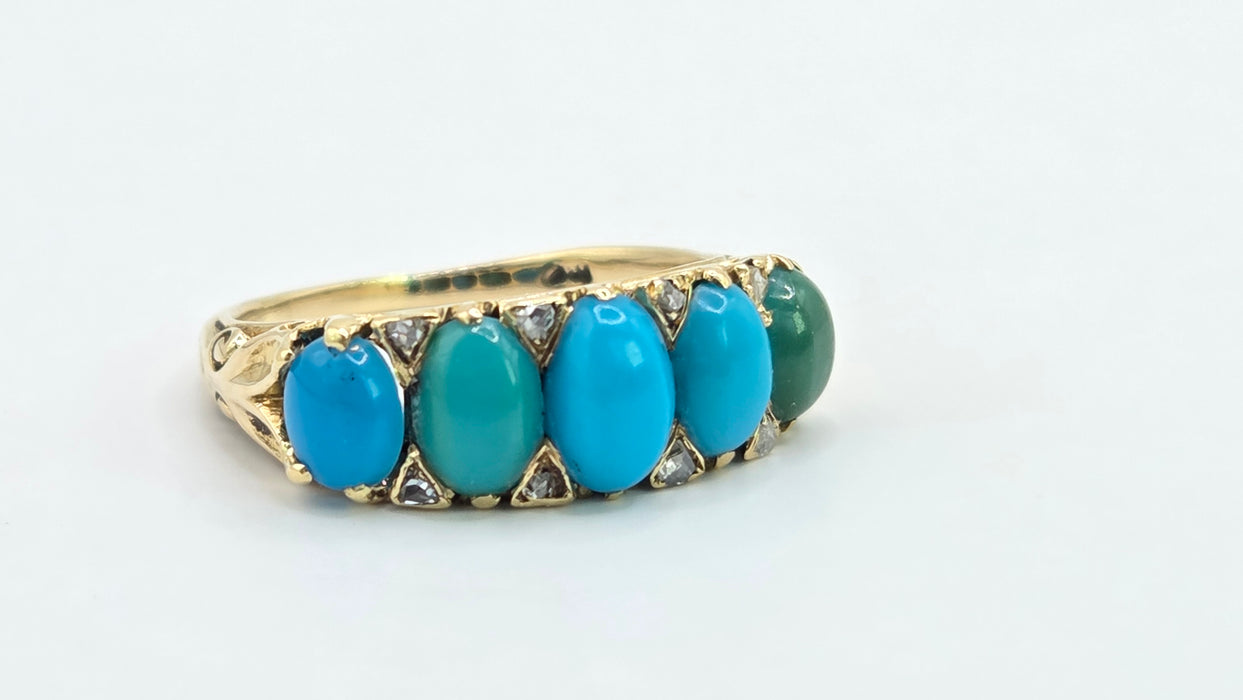 Antique: 18ct Gold Turquoise & Diamond Five-Stone Ring