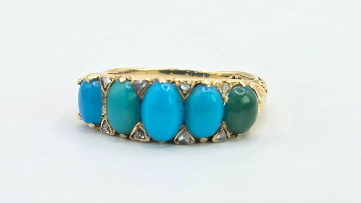 Antique: 18ct Gold Turquoise & Diamond Five-Stone Ring