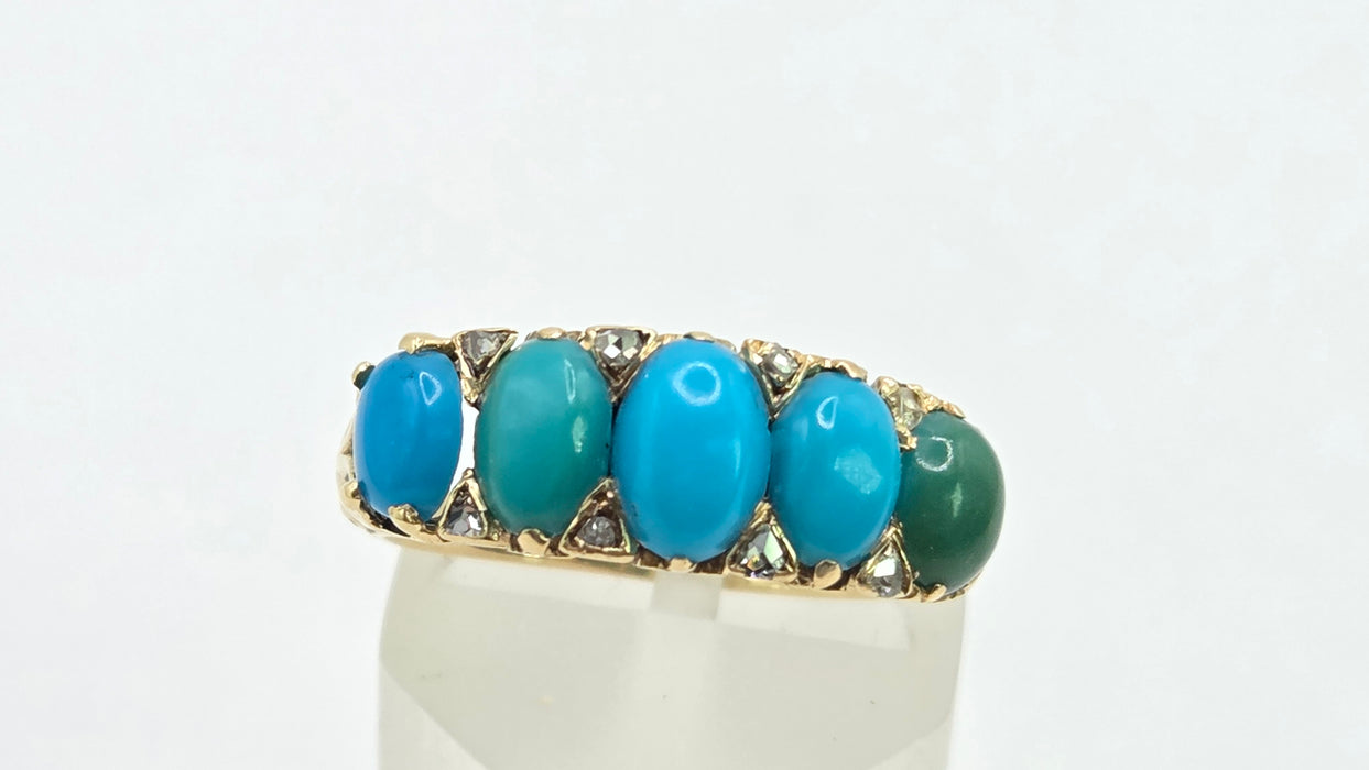 Antique: 18ct Gold Turquoise & Diamond Five-Stone Ring