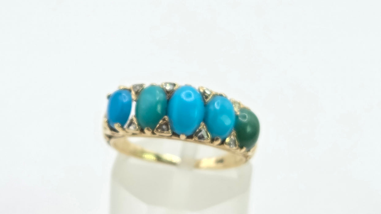 Antique: 18ct Gold Turquoise & Diamond Five-Stone Ring