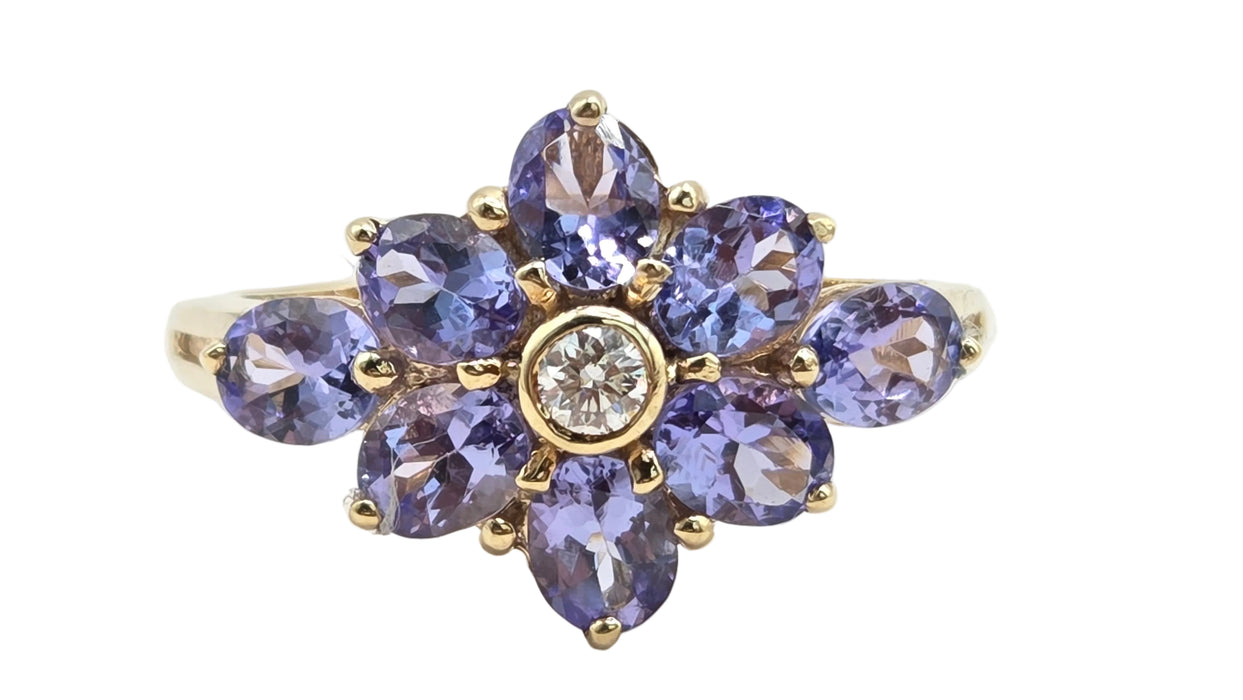 Vintage: 9ct Gold Tanzanite & Diamond Flower Cluster Ring
