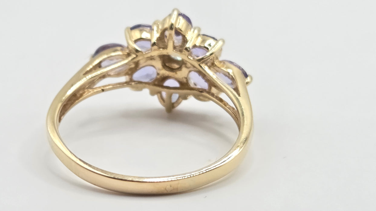 Vintage: 9ct Gold Tanzanite & Diamond Flower Cluster Ring