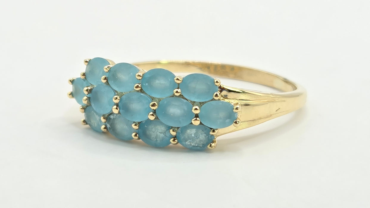 Vintage: 9ct Gold Aquamarine Three-Row Cluster Ring