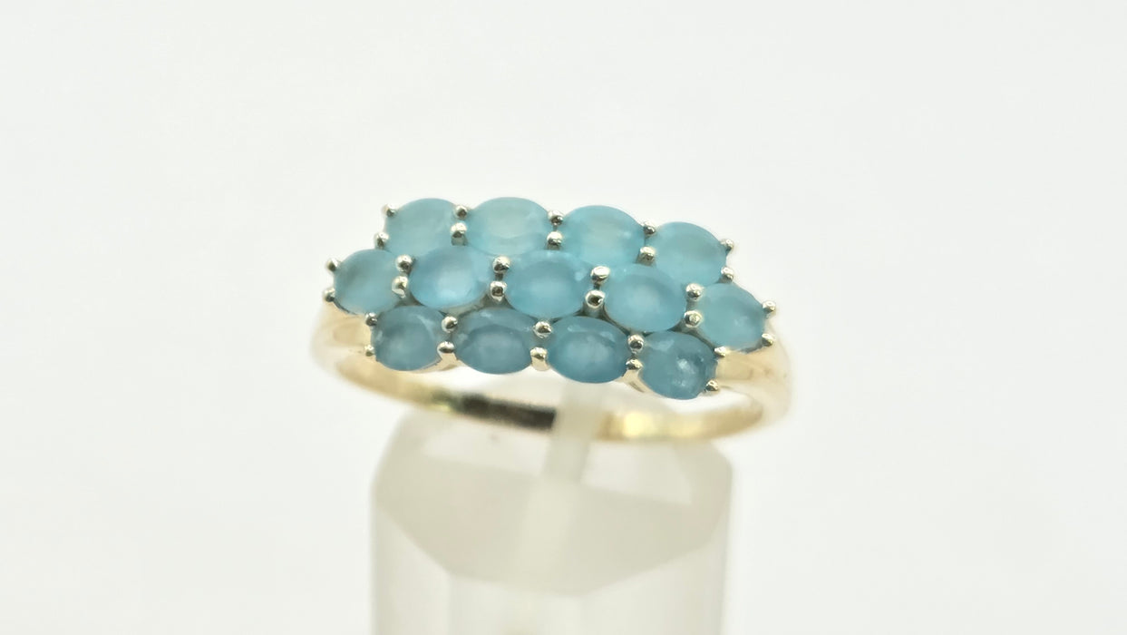 Vintage: 9ct Gold Aquamarine Three-Row Cluster Ring