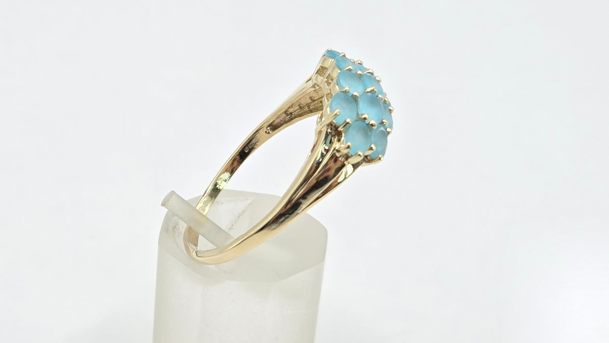 Vintage: 9ct Gold Aquamarine Three-Row Cluster Ring
