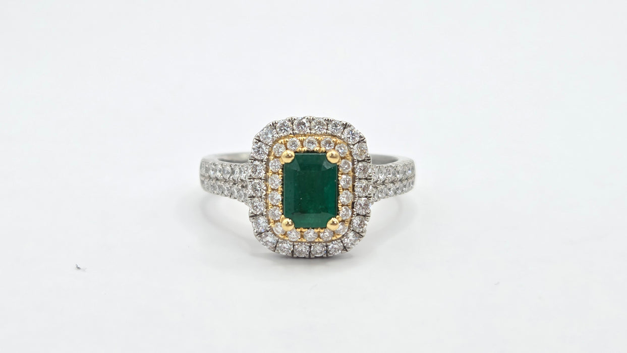 Vintage: Platinum & 18ct Gold Colombian Emerald & Diamond Rectangular Cluster Ring — 1.26ct