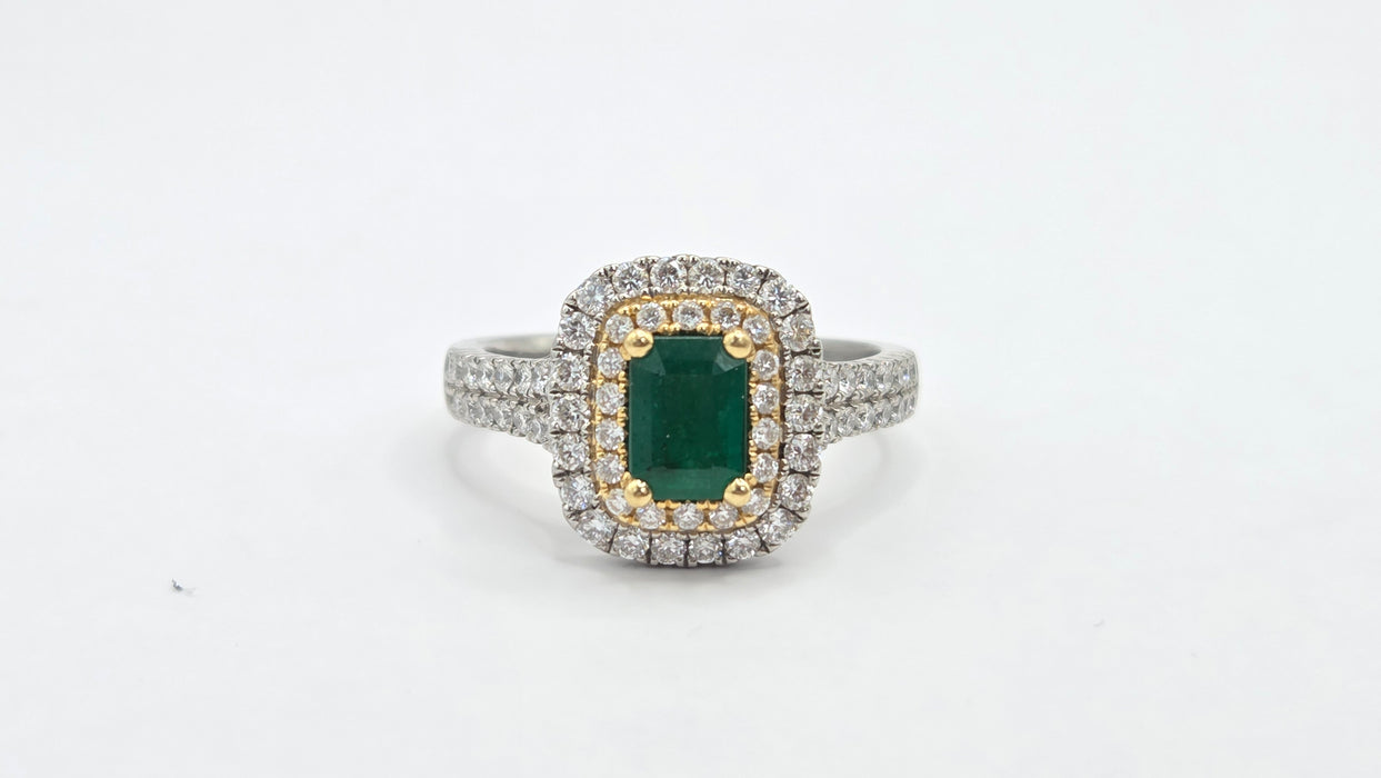 Vintage: Platinum & 18ct Gold Colombian Emerald & Diamond Rectangular Cluster Ring — 1.26ct