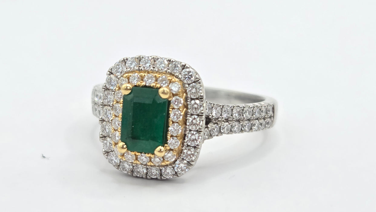 Vintage: Platinum & 18ct Gold Colombian Emerald & Diamond Rectangular Cluster Ring — 1.26ct
