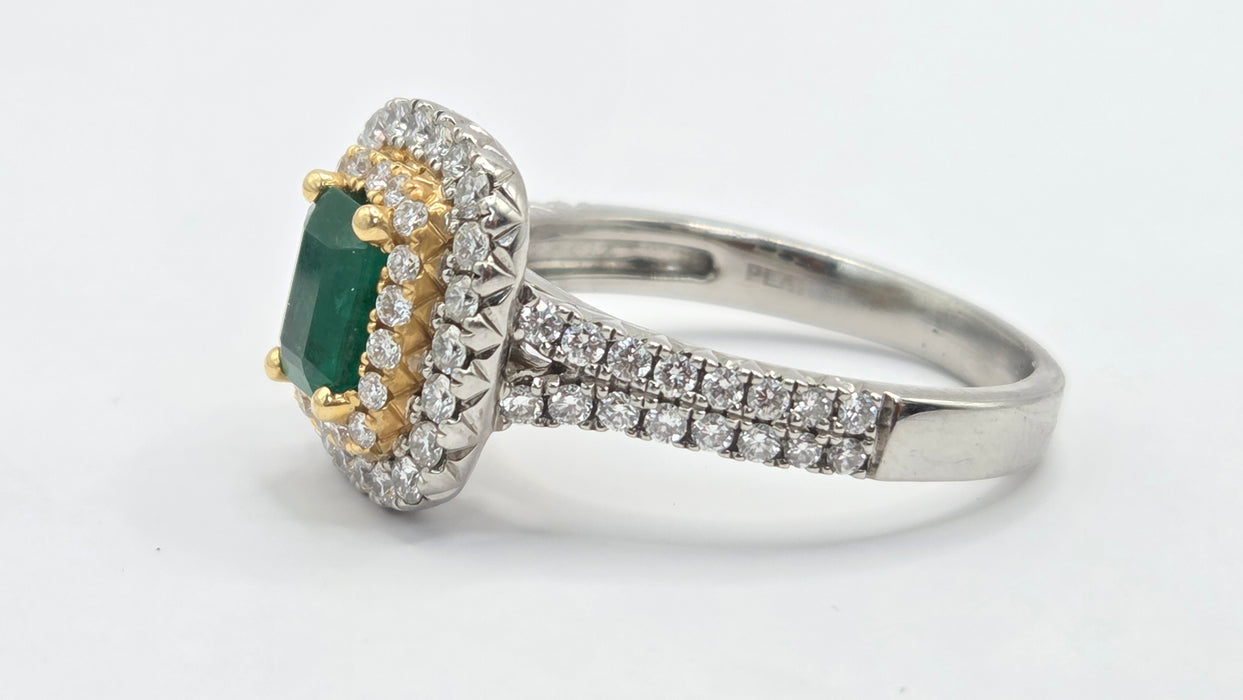 Vintage: Platinum & 18ct Gold Colombian Emerald & Diamond Rectangular Cluster Ring — 1.26ct