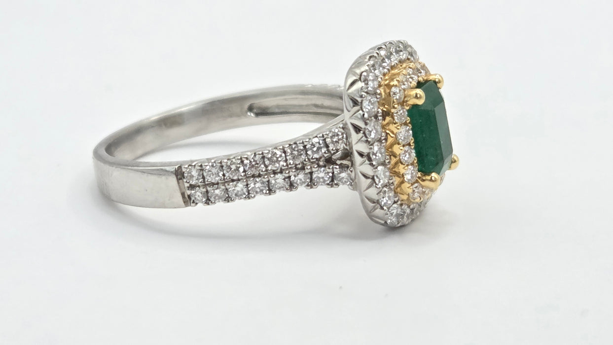 Vintage: Platinum & 18ct Gold Colombian Emerald & Diamond Rectangular Cluster Ring — 1.26ct