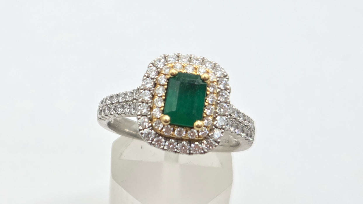 Vintage: Platinum & 18ct Gold Colombian Emerald & Diamond Rectangular Cluster Ring — 1.26ct