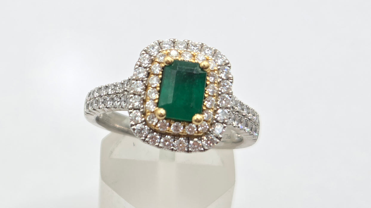 Vintage: Platinum & 18ct Gold Colombian Emerald & Diamond Rectangular Cluster Ring — 1.26ct