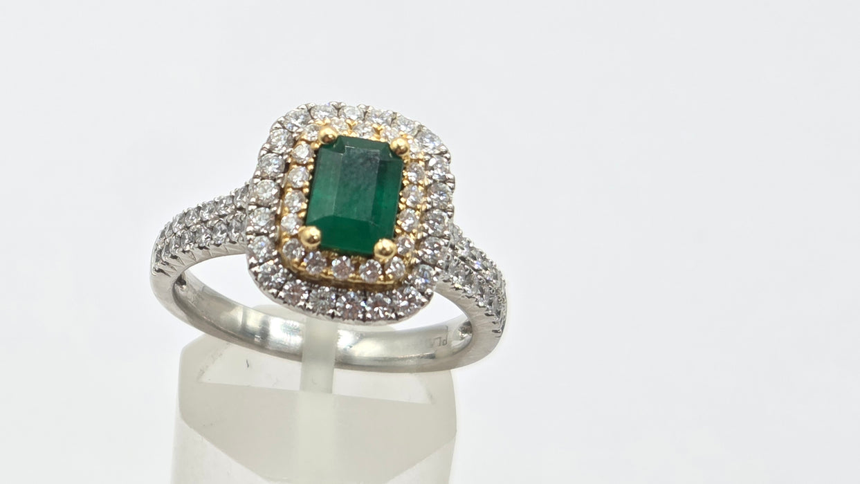 Vintage: Platinum & 18ct Gold Colombian Emerald & Diamond Rectangular Cluster Ring — 1.26ct