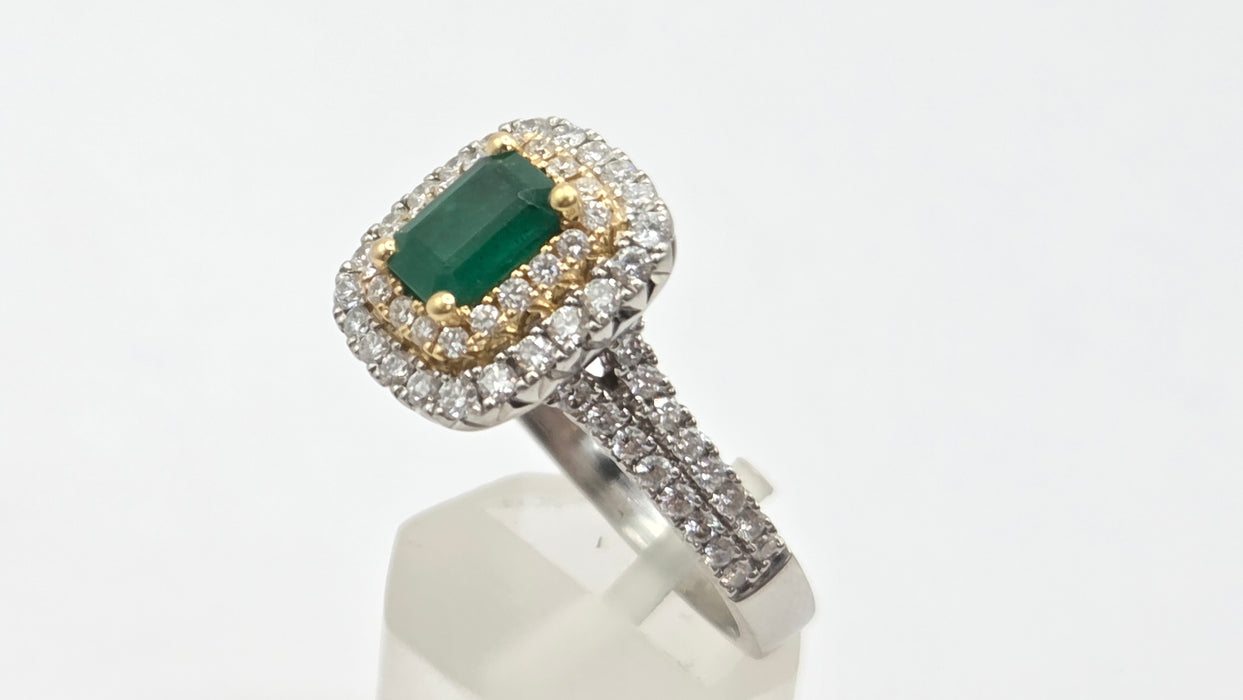 Vintage: Platinum & 18ct Gold Colombian Emerald & Diamond Rectangular Cluster Ring — 1.26ct