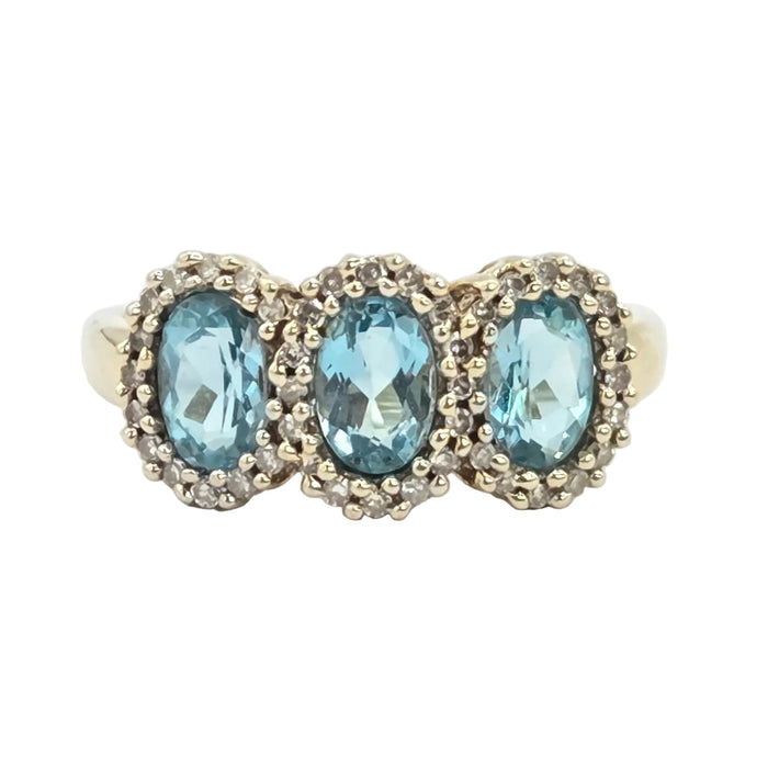 Vintage: 9ct Gold Aquamarine & Diamond Triple Cluster Ring