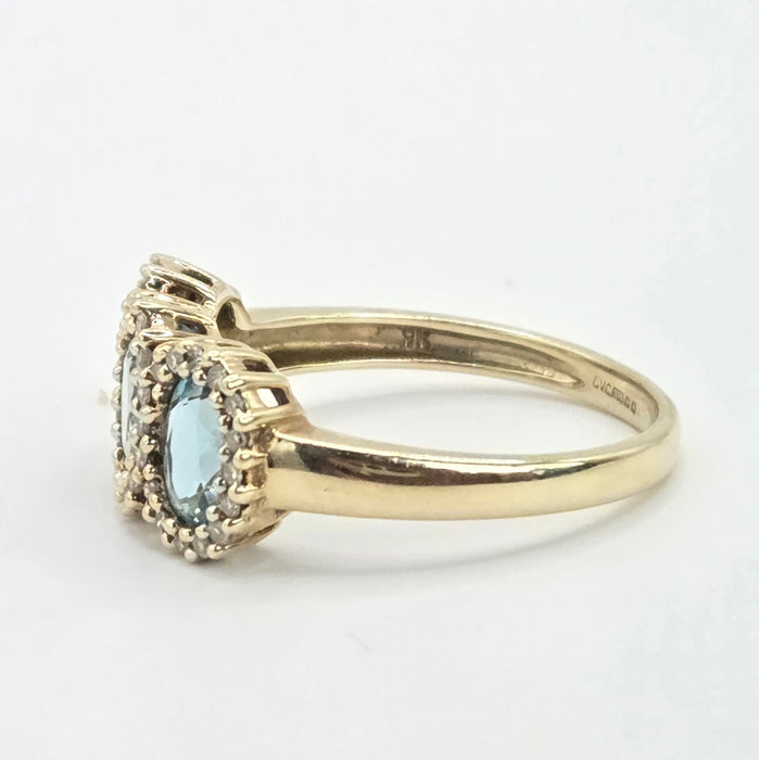 Vintage: 9ct Gold Aquamarine & Diamond Triple Cluster Ring