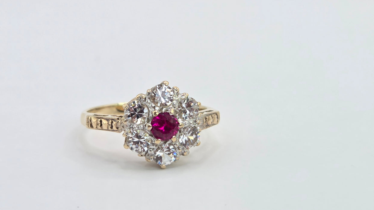 Vintage: 9ct Gold Ruby & White Spinel Floral Cluster Ring