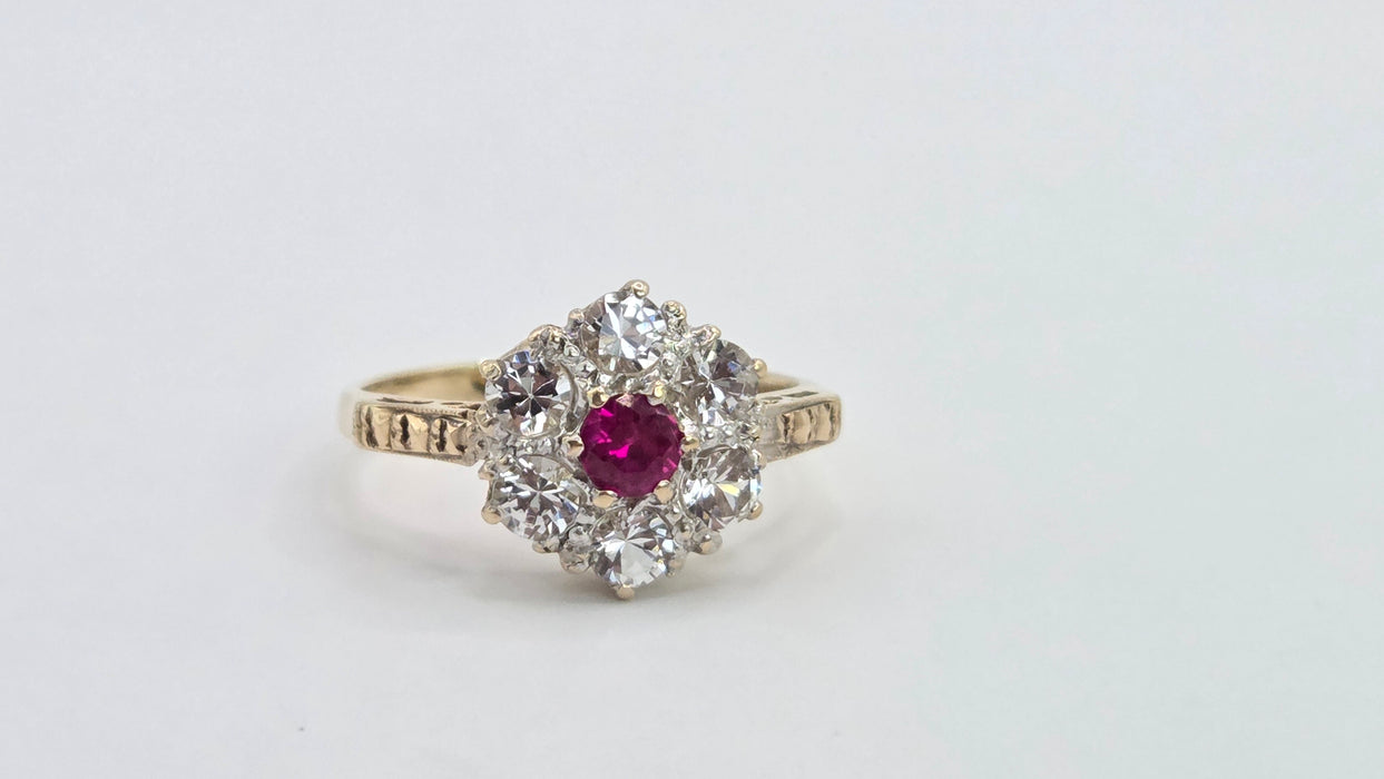 Vintage: 9ct Gold Ruby & White Spinel Floral Cluster Ring