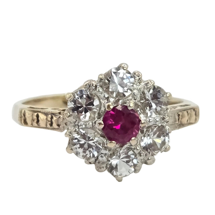 Vintage: 9ct Gold Ruby & White Spinel Floral Cluster Ring