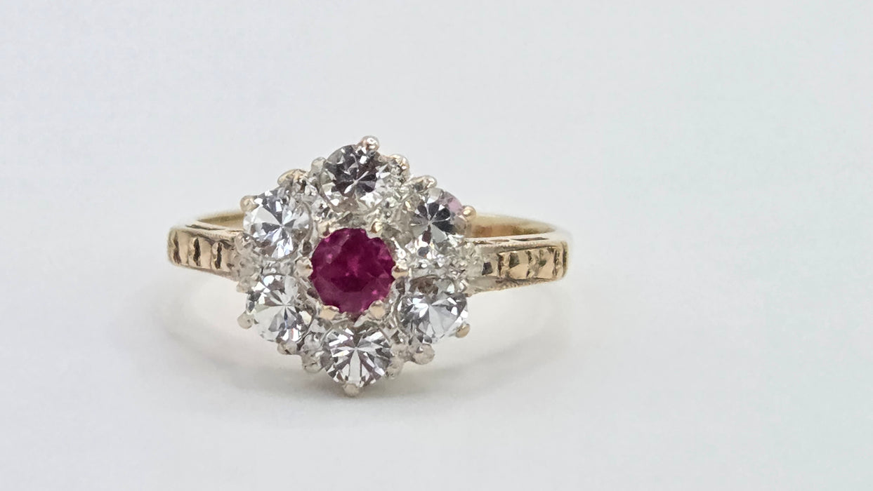Vintage: 9ct Gold Ruby & White Spinel Floral Cluster Ring