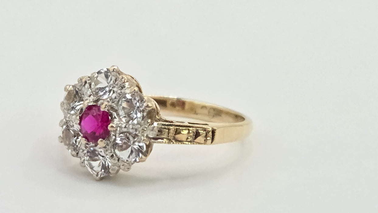 Vintage: 9ct Gold Ruby & White Spinel Floral Cluster Ring