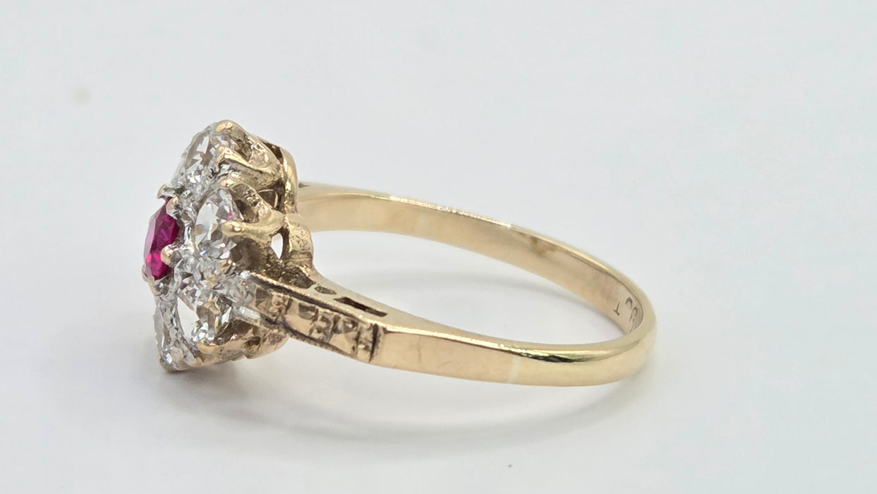Vintage: 9ct Gold Ruby & White Spinel Floral Cluster Ring