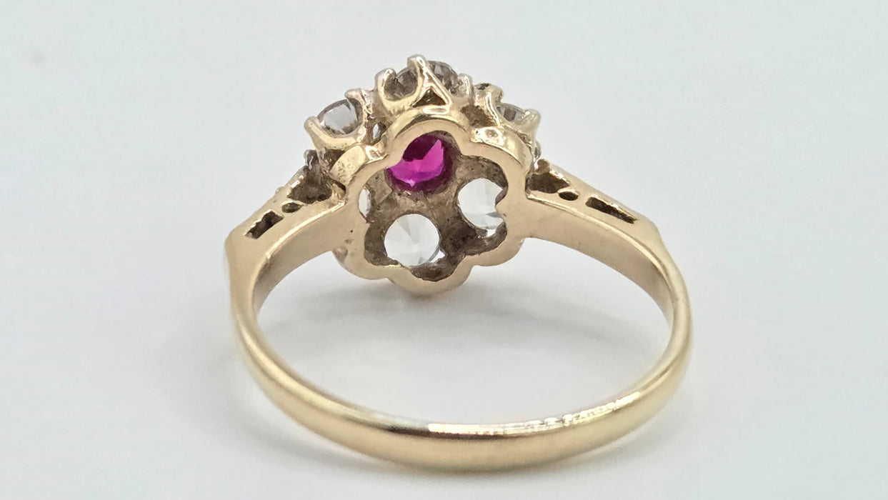 Vintage: 9ct Gold Ruby & White Spinel Floral Cluster Ring