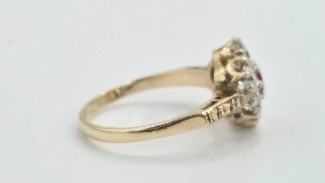 Vintage: 9ct Gold Ruby & White Spinel Floral Cluster Ring