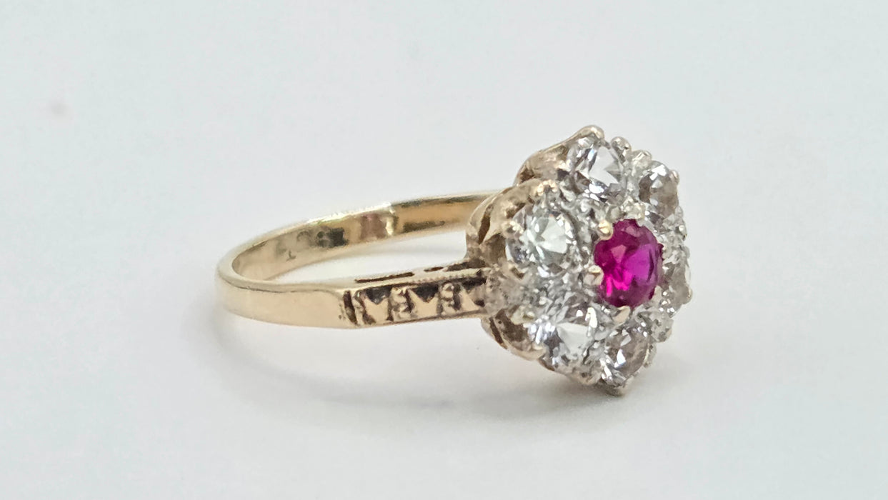 Vintage: 9ct Gold Ruby & White Spinel Floral Cluster Ring