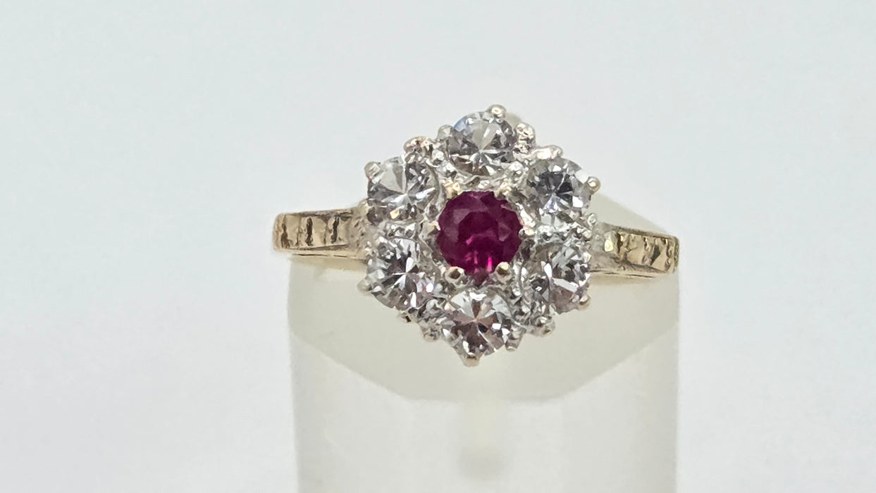 Vintage: 9ct Gold Ruby & White Spinel Floral Cluster Ring