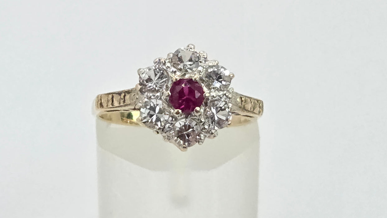 Vintage: 9ct Gold Ruby & White Spinel Floral Cluster Ring