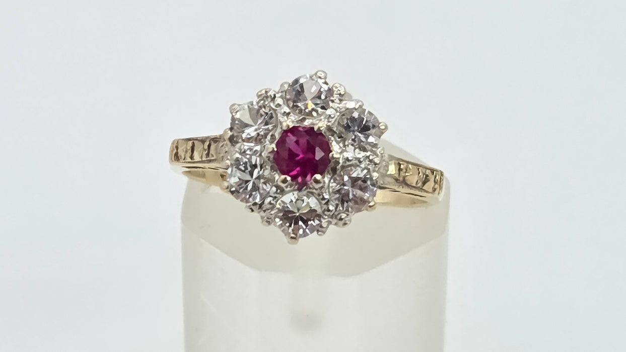 Vintage: 9ct Gold Ruby & White Spinel Floral Cluster Ring
