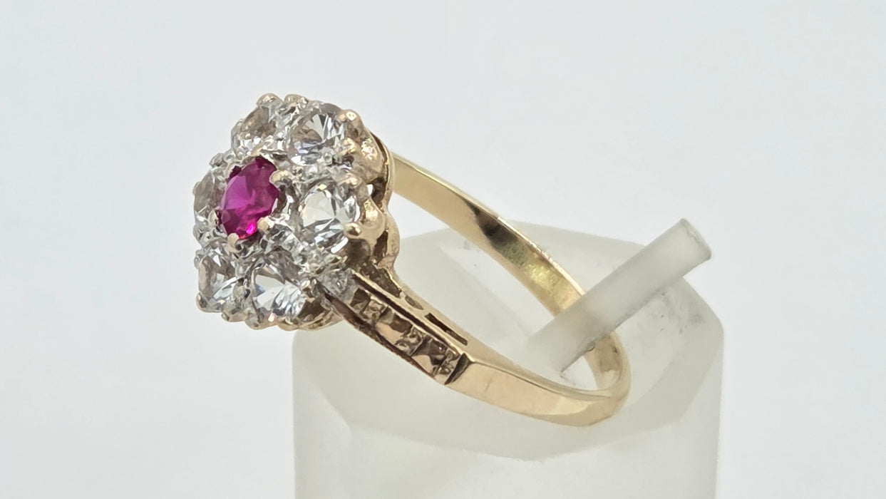 Vintage: 9ct Gold Ruby & White Spinel Floral Cluster Ring