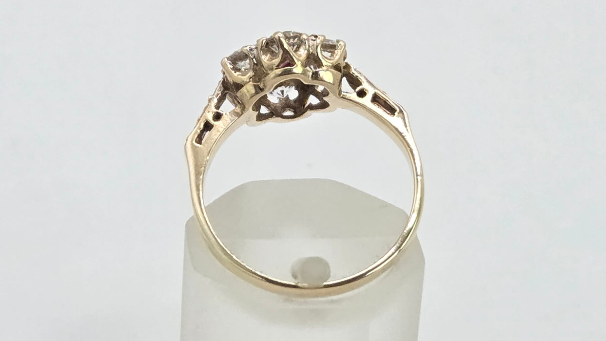 Vintage: 9ct Gold Ruby & White Spinel Floral Cluster Ring