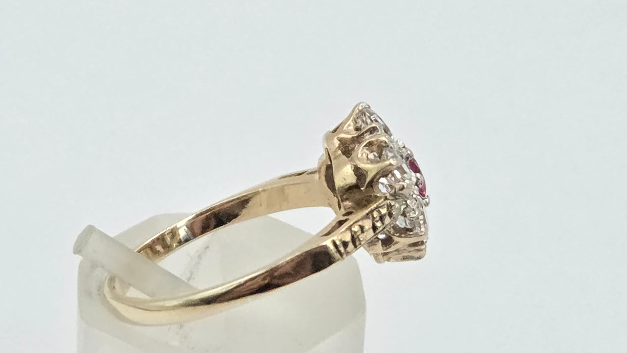 Vintage: 9ct Gold Ruby & White Spinel Floral Cluster Ring