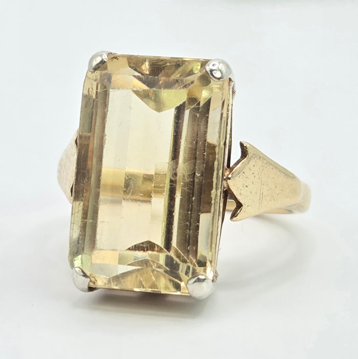 Vintage: 9ct Gold Emerald-Cut Citrine Solitaire Ring