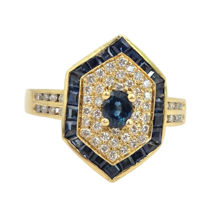 Vintage: 18ct Gold Sapphire & Diamond Art Deco Style Hexagonal Dress Ring
