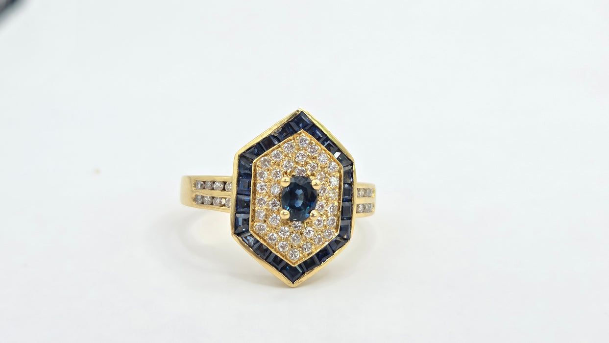 Vintage: 18ct Gold Sapphire & Diamond Art Deco Style Hexagonal Dress Ring