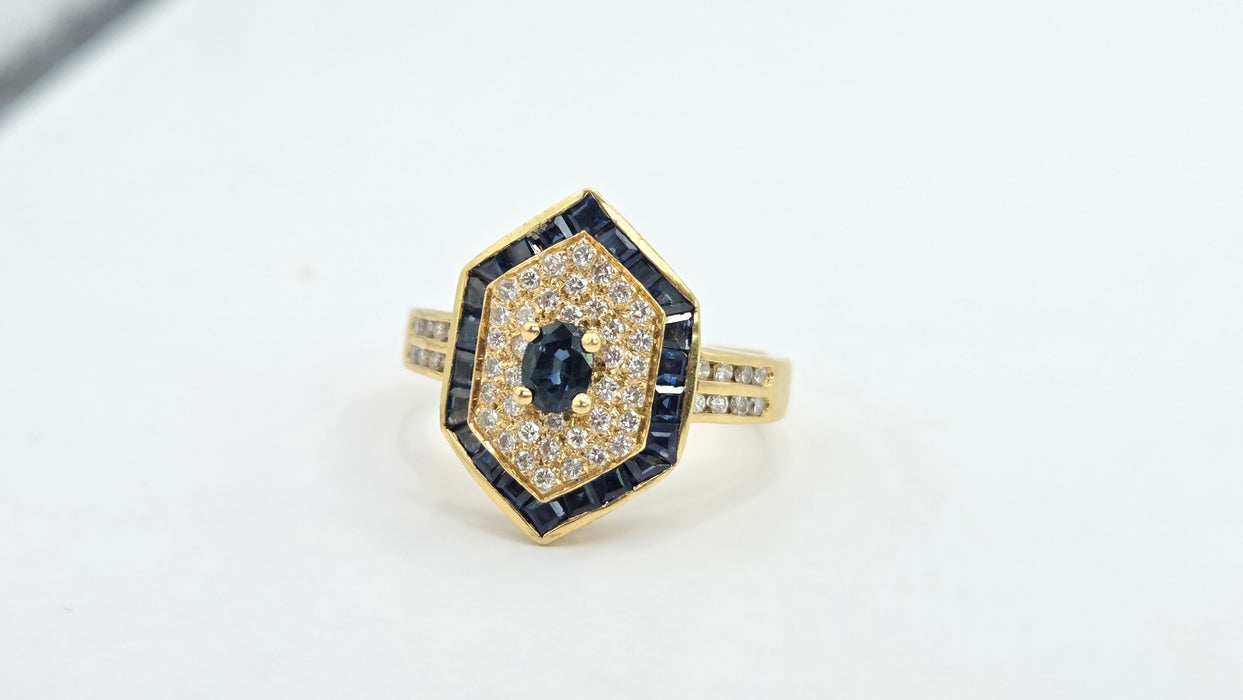 Vintage: 18ct Gold Sapphire & Diamond Art Deco Style Hexagonal Dress Ring