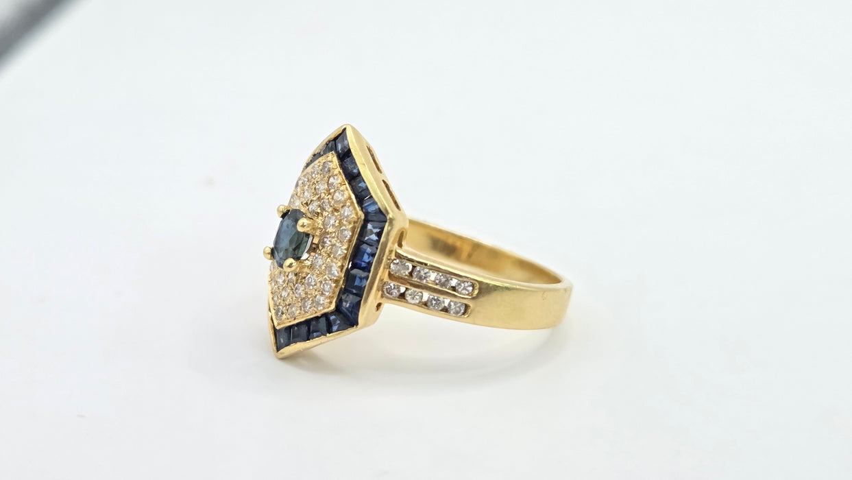 Vintage: 18ct Gold Sapphire & Diamond Art Deco Style Hexagonal Dress Ring