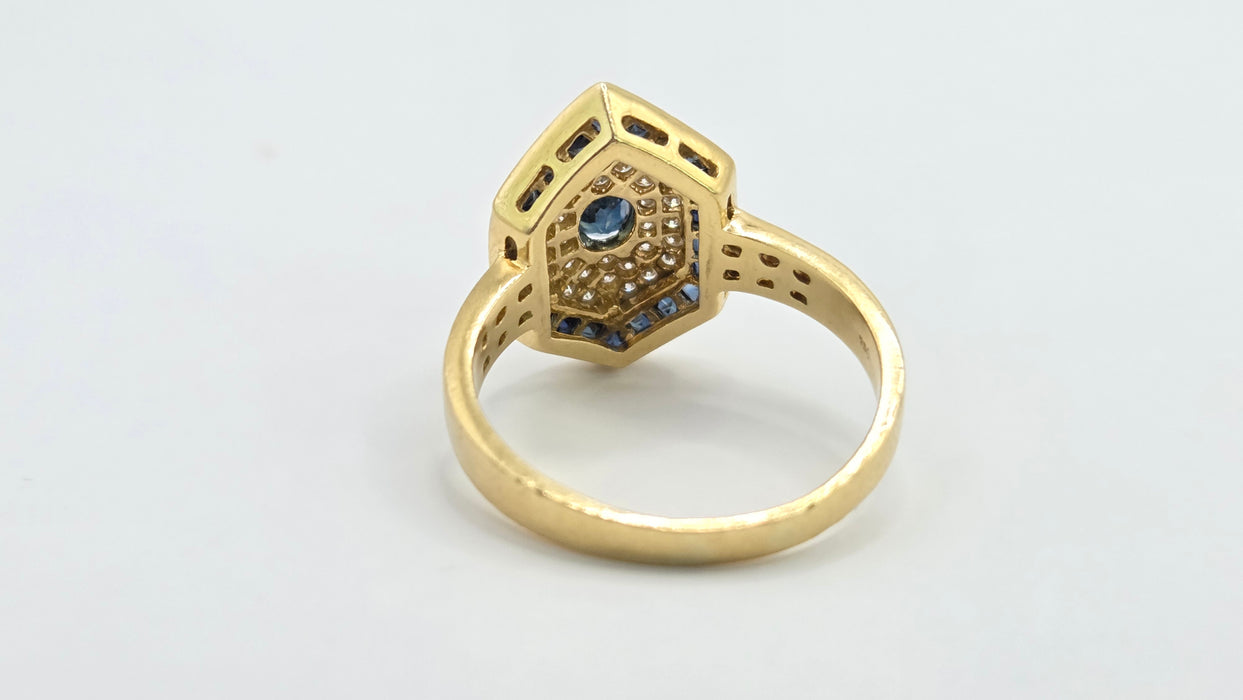 Vintage: 18ct Gold Sapphire & Diamond Art Deco Style Hexagonal Dress Ring